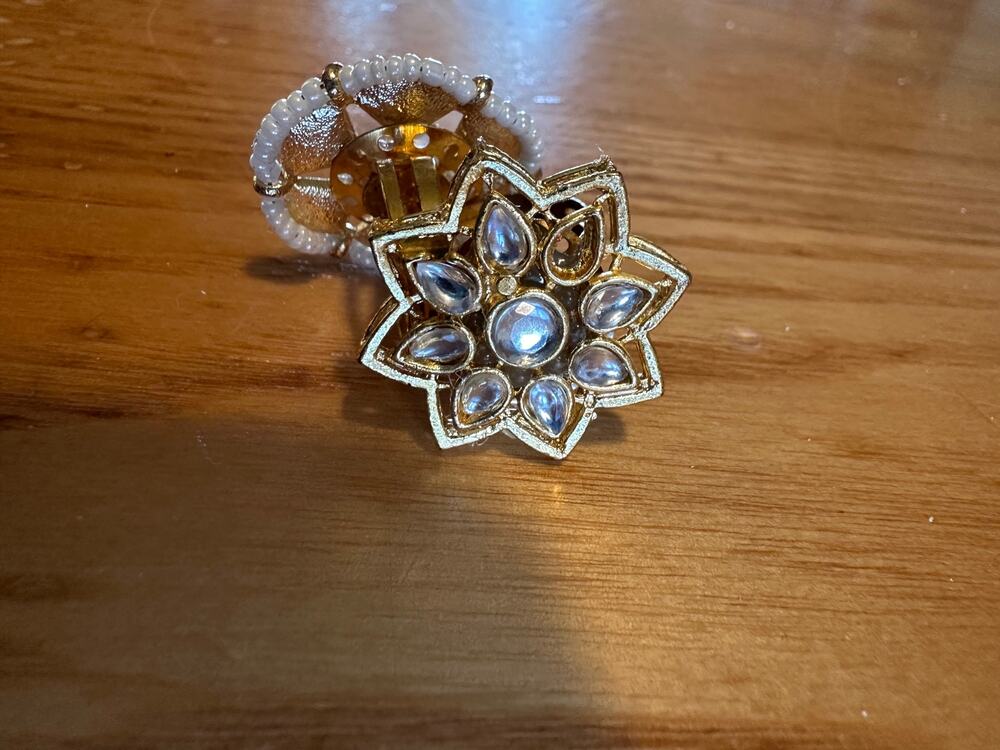 Vintage Indian Kundan Polki Cocktail Rings Set 2 Gold Plated Faux Pearl Floral